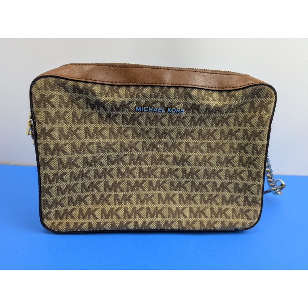 Michael Kors Jet Set Large Logo Jacquard Crossbody Bag East West Brown